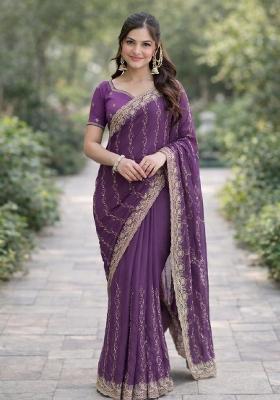 Lavender Embroidered Georgette Saree Set