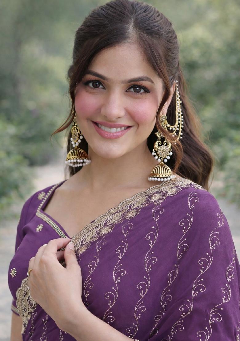 Lavender Embroidered Georgette Saree Set - Indya