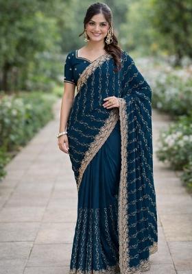 Turquoise Embroidered Georgette Saree Set