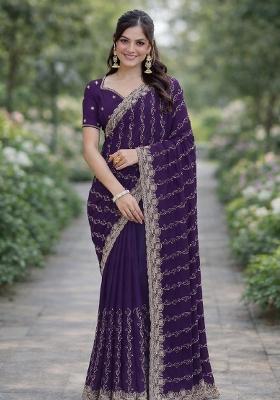 Purple Embroidered Georgette Saree Set