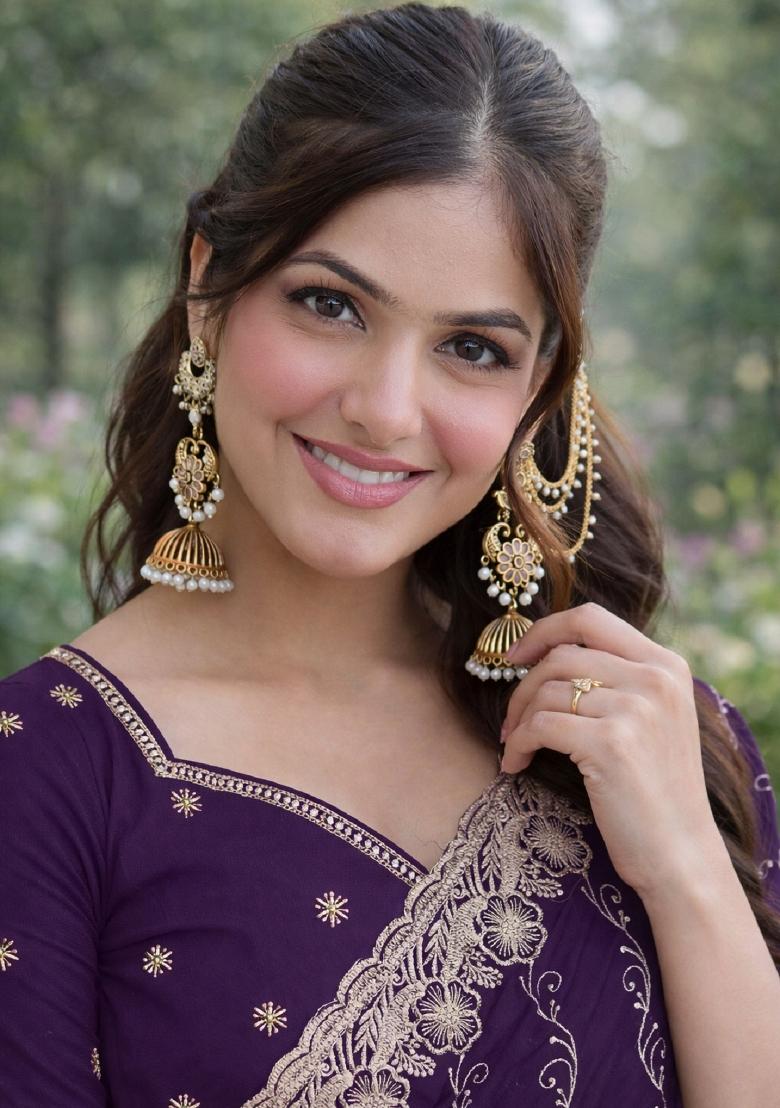 Purple Embroidered Georgette Saree Set - Indya