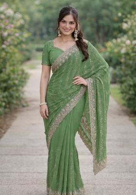 Light Green Embroidered Georgette Saree Set