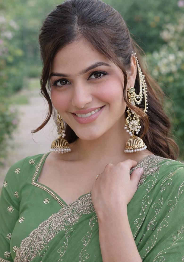 Light Green Embroidered Georgette Saree Set - Indya
