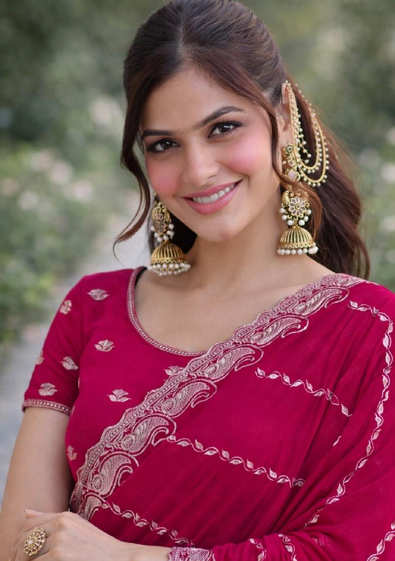 Pink Embroidered Georgette Saree Set - Indya