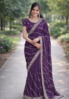 Lavender Embroidered Georgette Saree Set