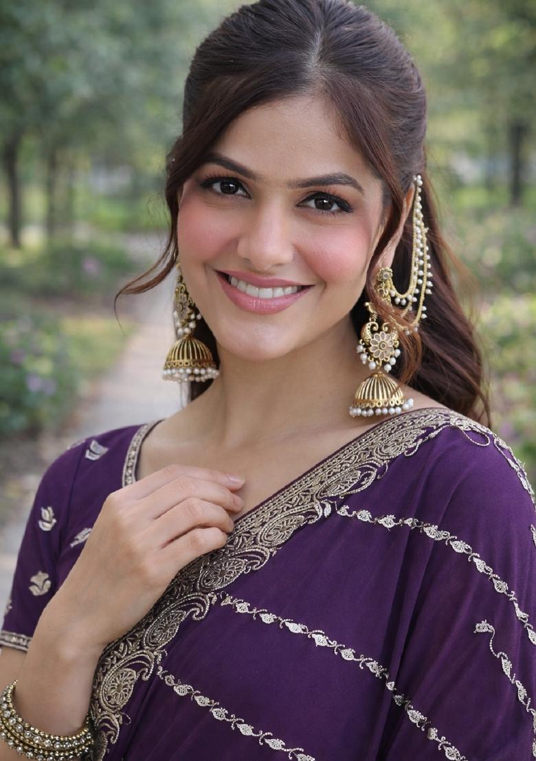 Lavender Embroidered Georgette Saree Set - Indya