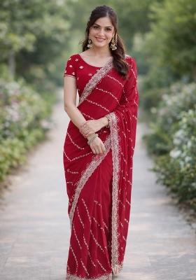 Rani Pink Embroidered Georgette Saree Set