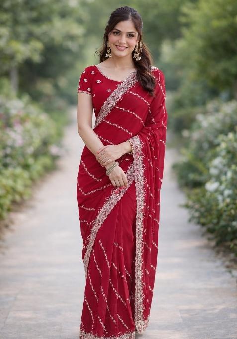 Rani Pink Embroidered Georgette Saree Set