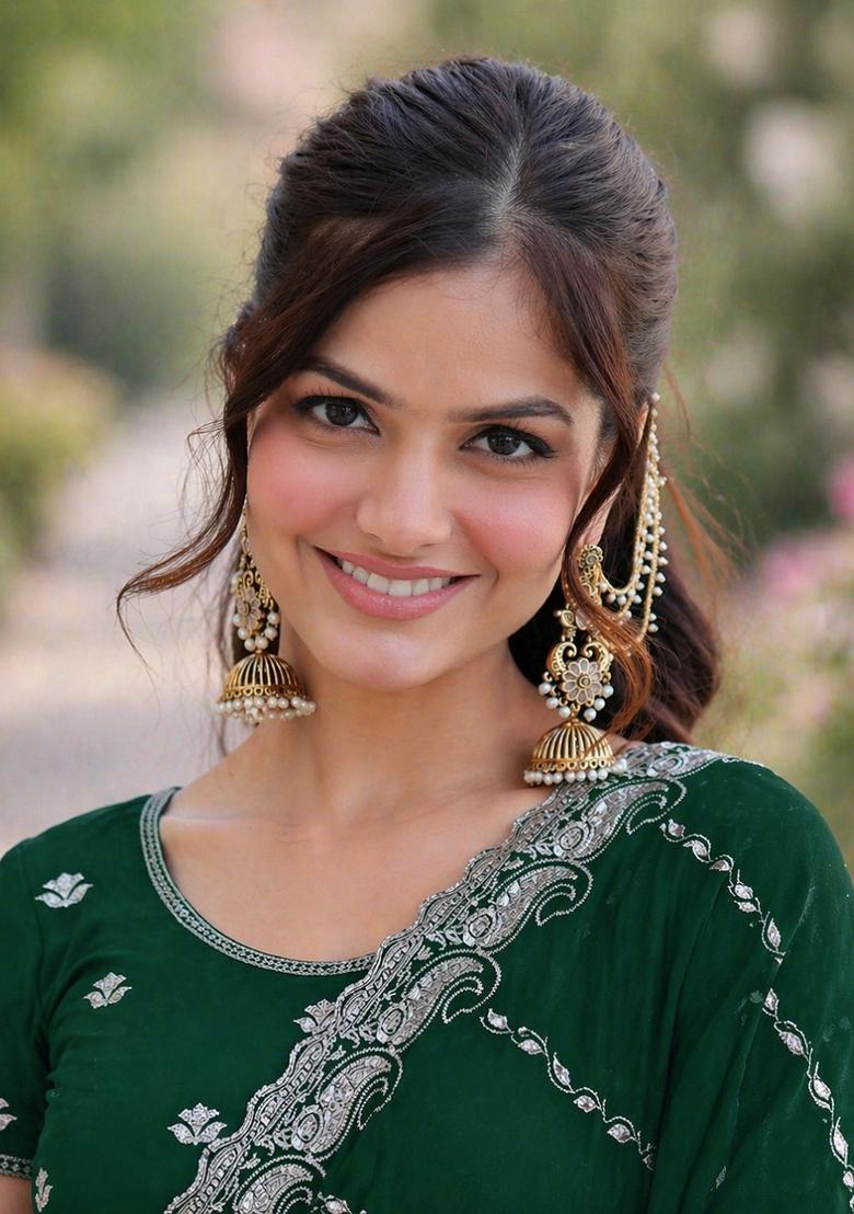 Green Embroidered Georgette Saree Set - Indya
