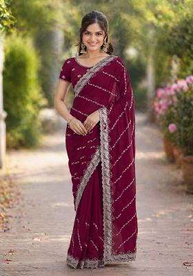 Wine Embroidered Georgette Saree Set