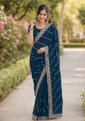 Turquoise Embroidered Georgette Saree Set