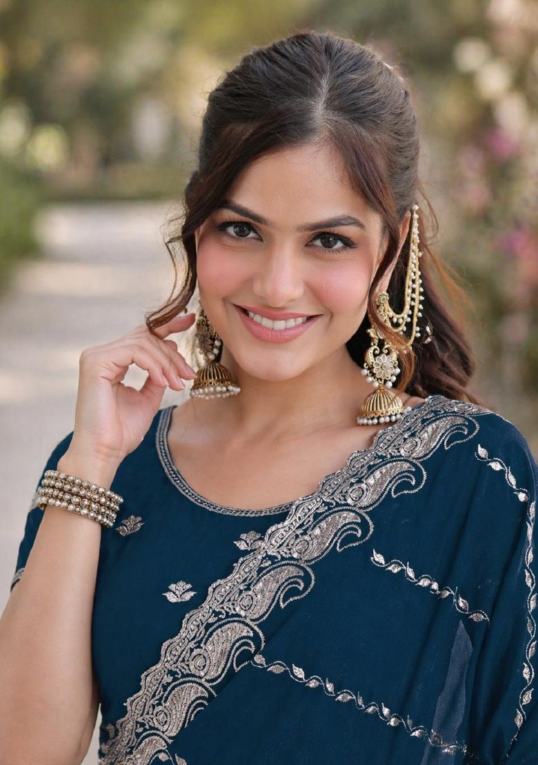Turquoise Embroidered Georgette Saree Set - Indya