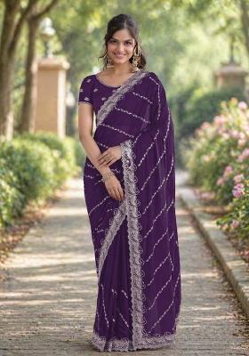 Purple Embroidered Georgette Saree Set
