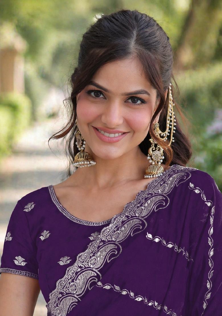 Purple Embroidered Georgette Saree Set - Indya