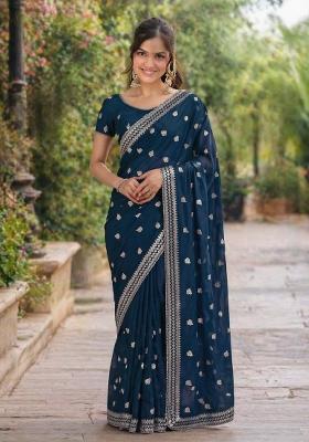 Turquoise Embroidered Georgette Saree Set