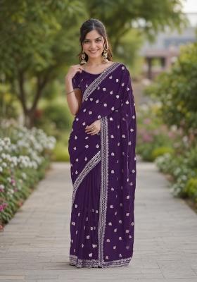 Purple Embroidered Georgette Saree Set