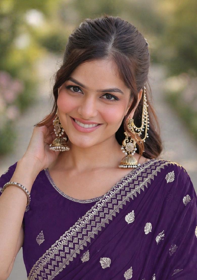 Purple Embroidered Georgette Saree Set - Indya