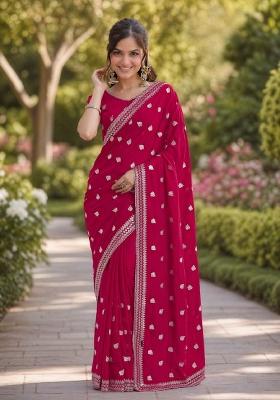 Pink Embroidered Georgette Saree Set