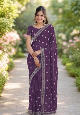 Lavender Embroidered Georgette Saree Set
