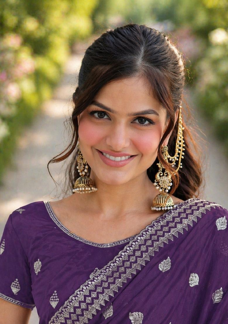 Lavender Embroidered Georgette Saree Set - Indya