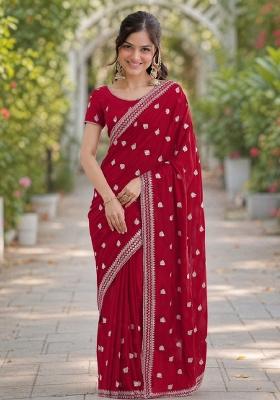 Rani Pink Embroidered Georgette Saree Set