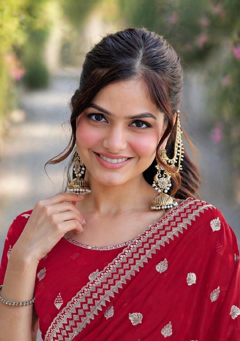 Rani Pink Embroidered Georgette Saree Set - Indya