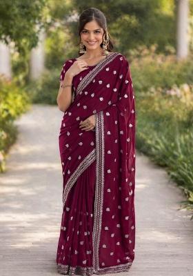 Wine Embroidered Georgette Saree Set