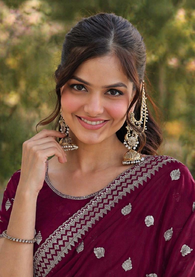 Wine Embroidered Georgette Saree Set - Indya