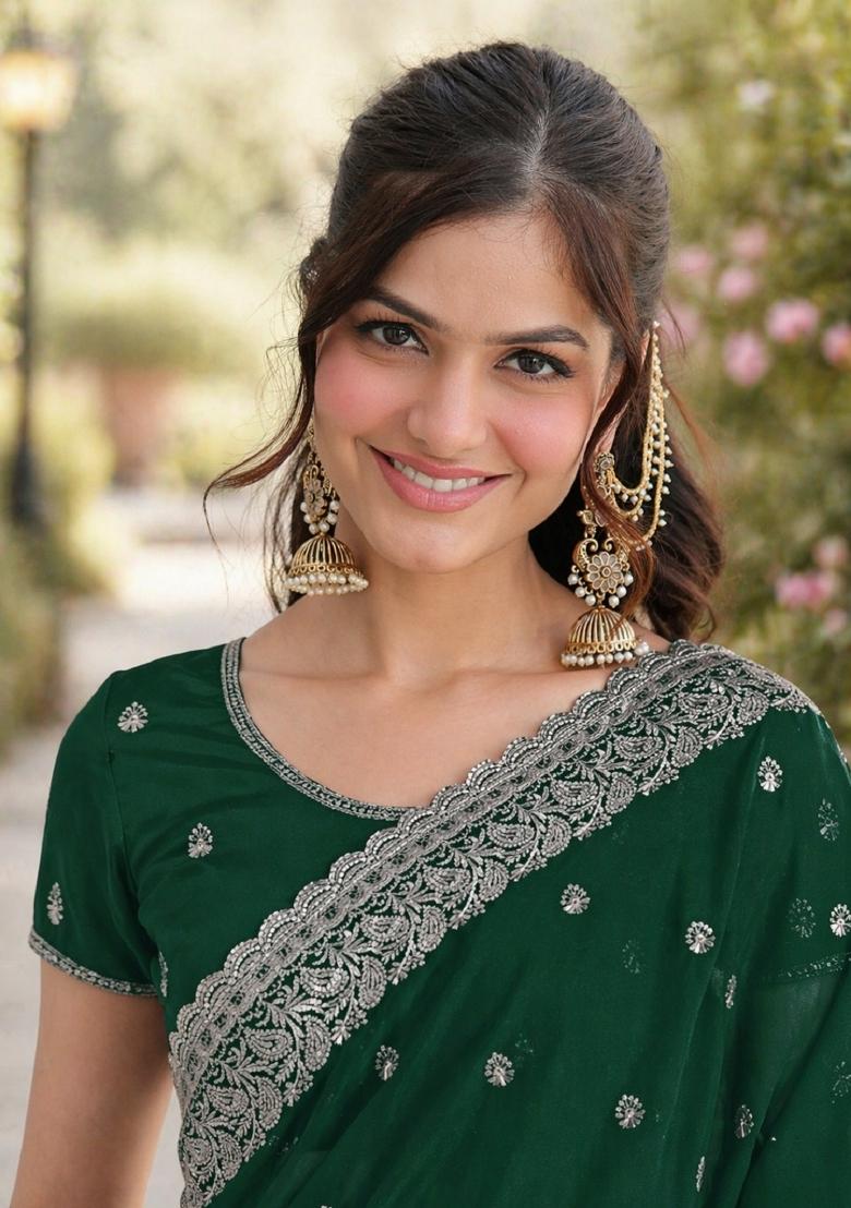 Green Embroidered Georgette Saree Set - Indya