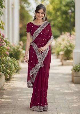 Wine Embroidered Georgette Saree Set