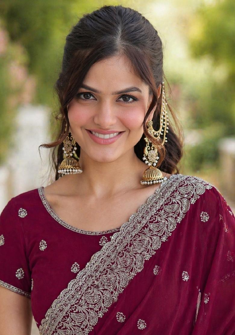 Wine Embroidered Georgette Saree Set - Indya