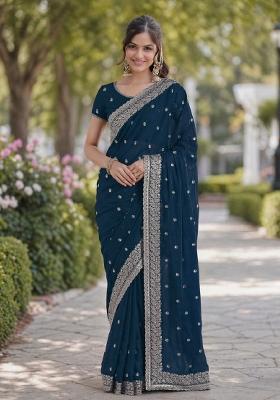 Turquoise Embroidered Georgette Saree Set