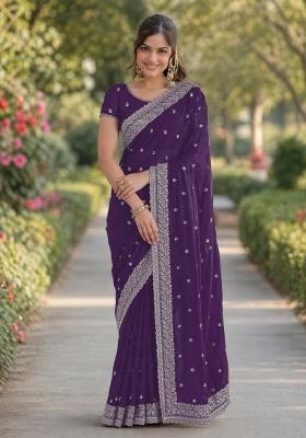 Purple Embroidered Georgette Saree Set