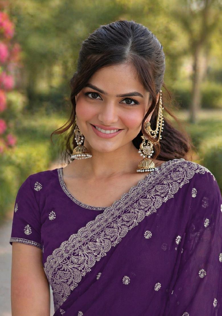Purple Embroidered Georgette Saree Set - Indya