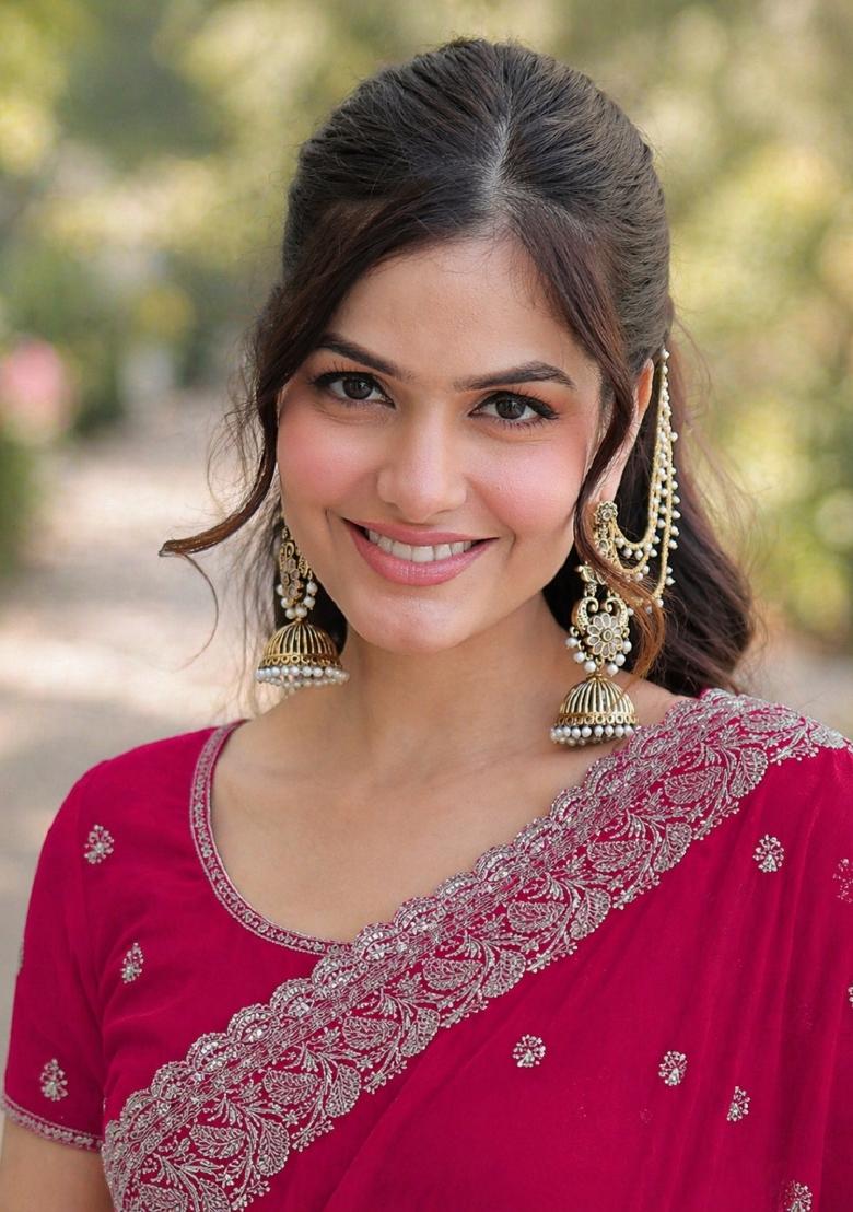 Pink Embroidered Georgette Saree Set - Indya