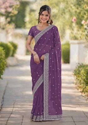 Lavender Embroidered Georgette Saree Set