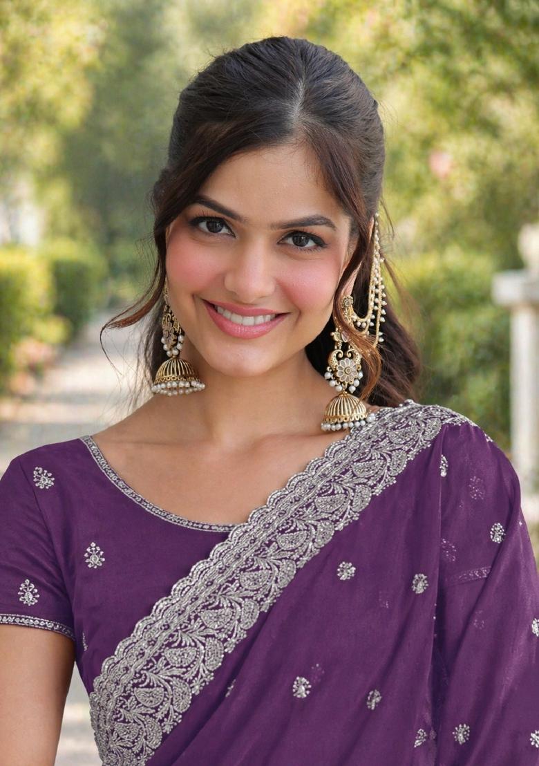 Lavender Embroidered Georgette Saree Set - Indya