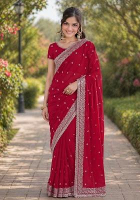 Rani Pink Embroidered Georgette Saree Set