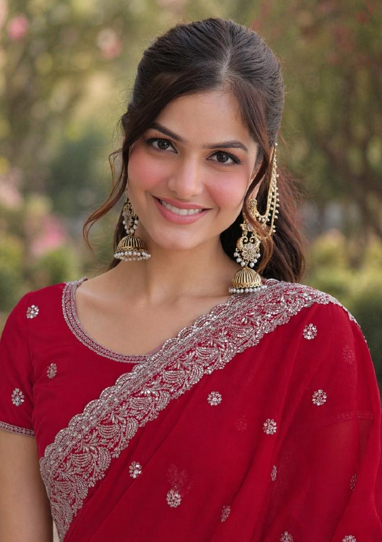 Rani Pink Embroidered Georgette Saree Set - Indya
