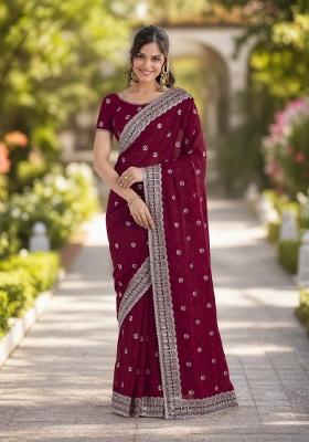 Wine Embroidered Georgette Saree Set