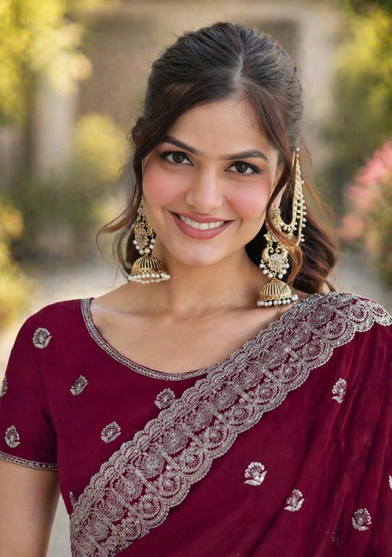 Wine Embroidered Georgette Saree Set - Indya