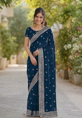Turquoise Embroidered Georgette Saree Set