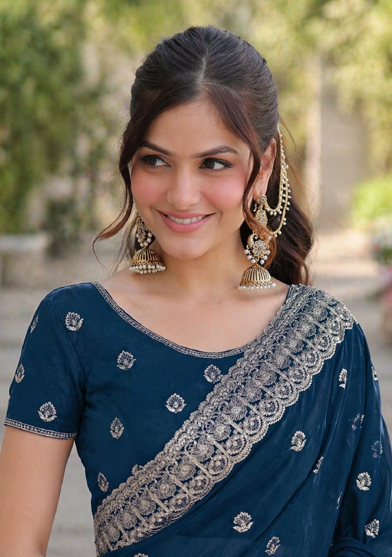 Turquoise Embroidered Georgette Saree Set - Indya