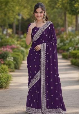 Purple Embroidered Georgette Saree Set