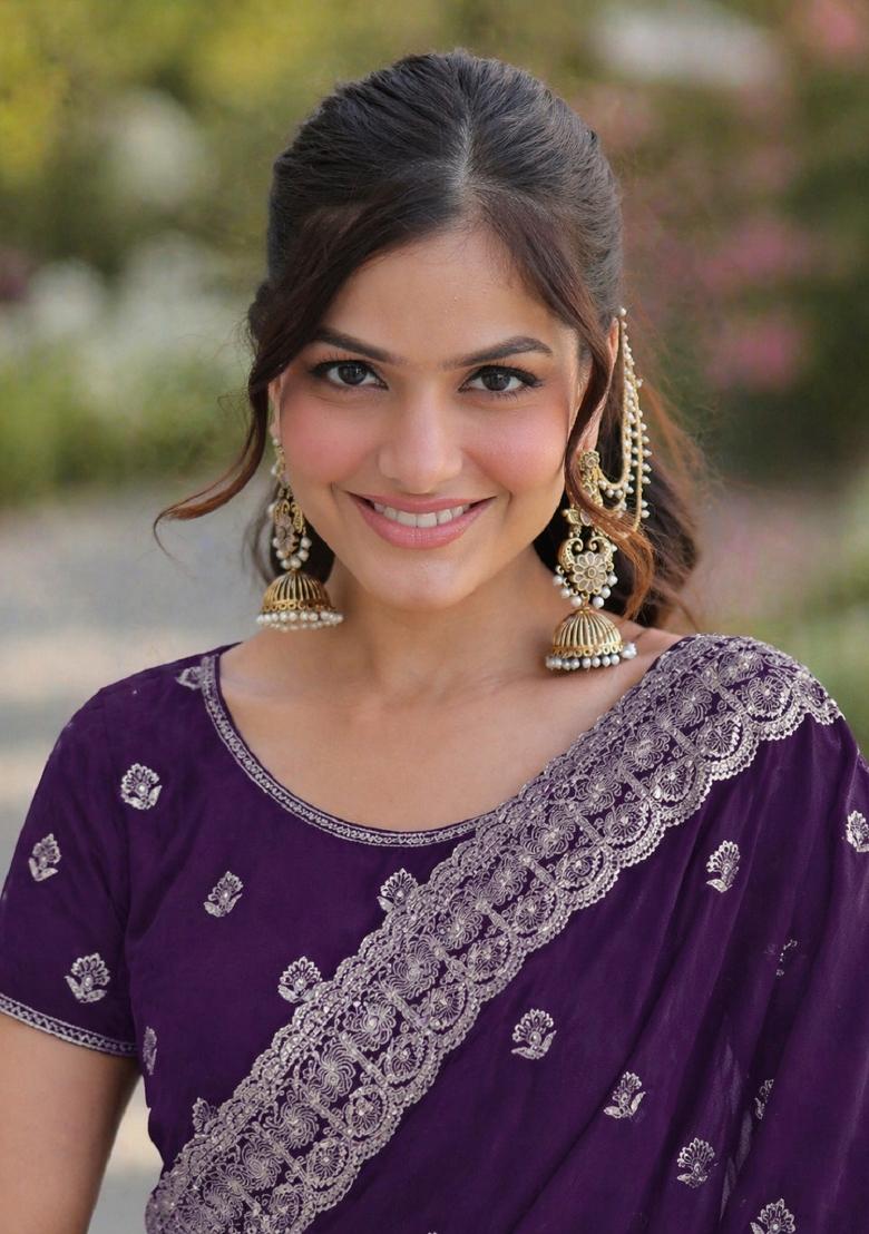 Purple Embroidered Georgette Saree Set - Indya