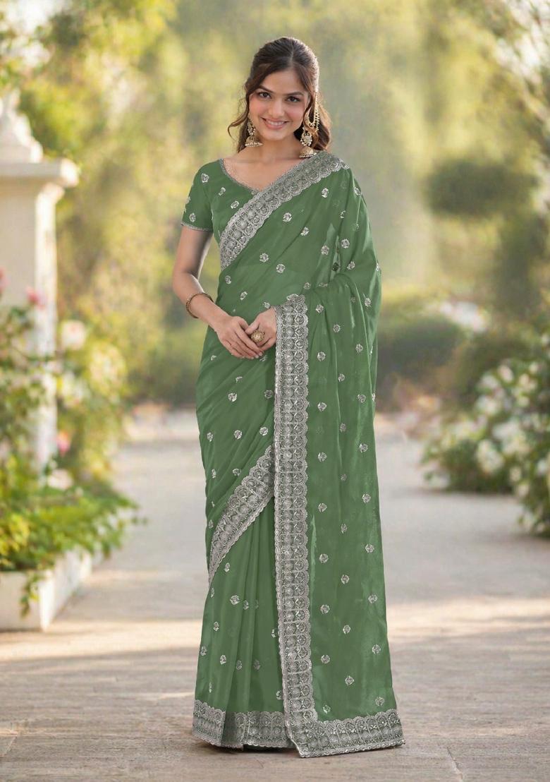 Light Green Embroidered Georgette Saree Set - Indya