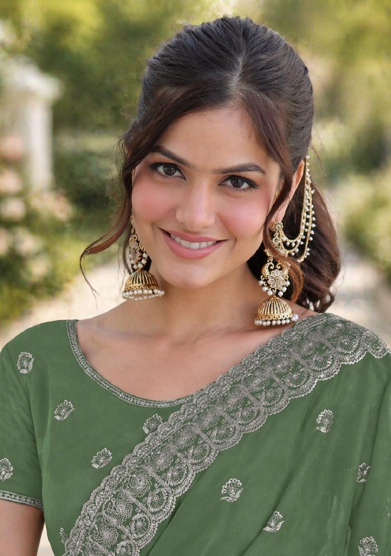 Light Green Embroidered Georgette Saree Set - Indya