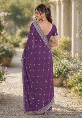 Lavender Embroidered Georgette Saree Set