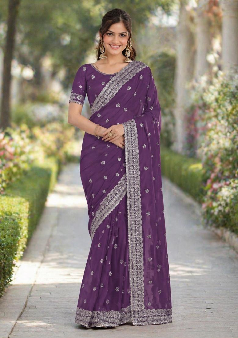 Lavender Embroidered Georgette Saree Set - Indya