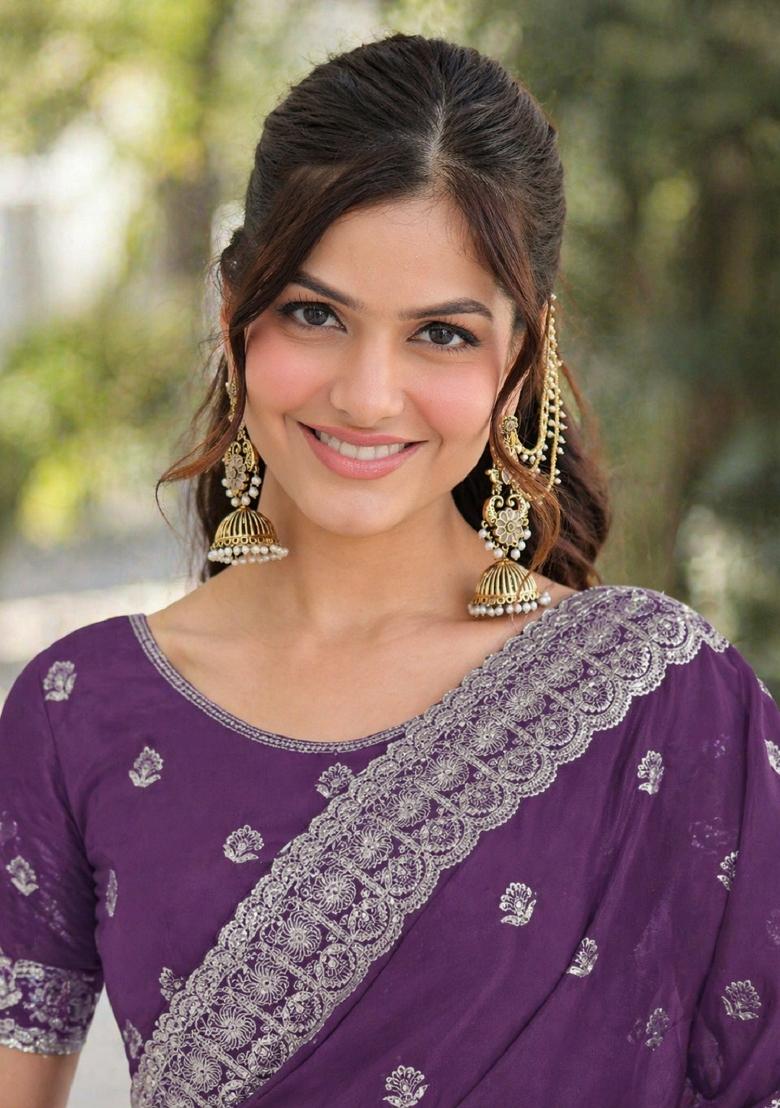Lavender Embroidered Georgette Saree Set - Indya